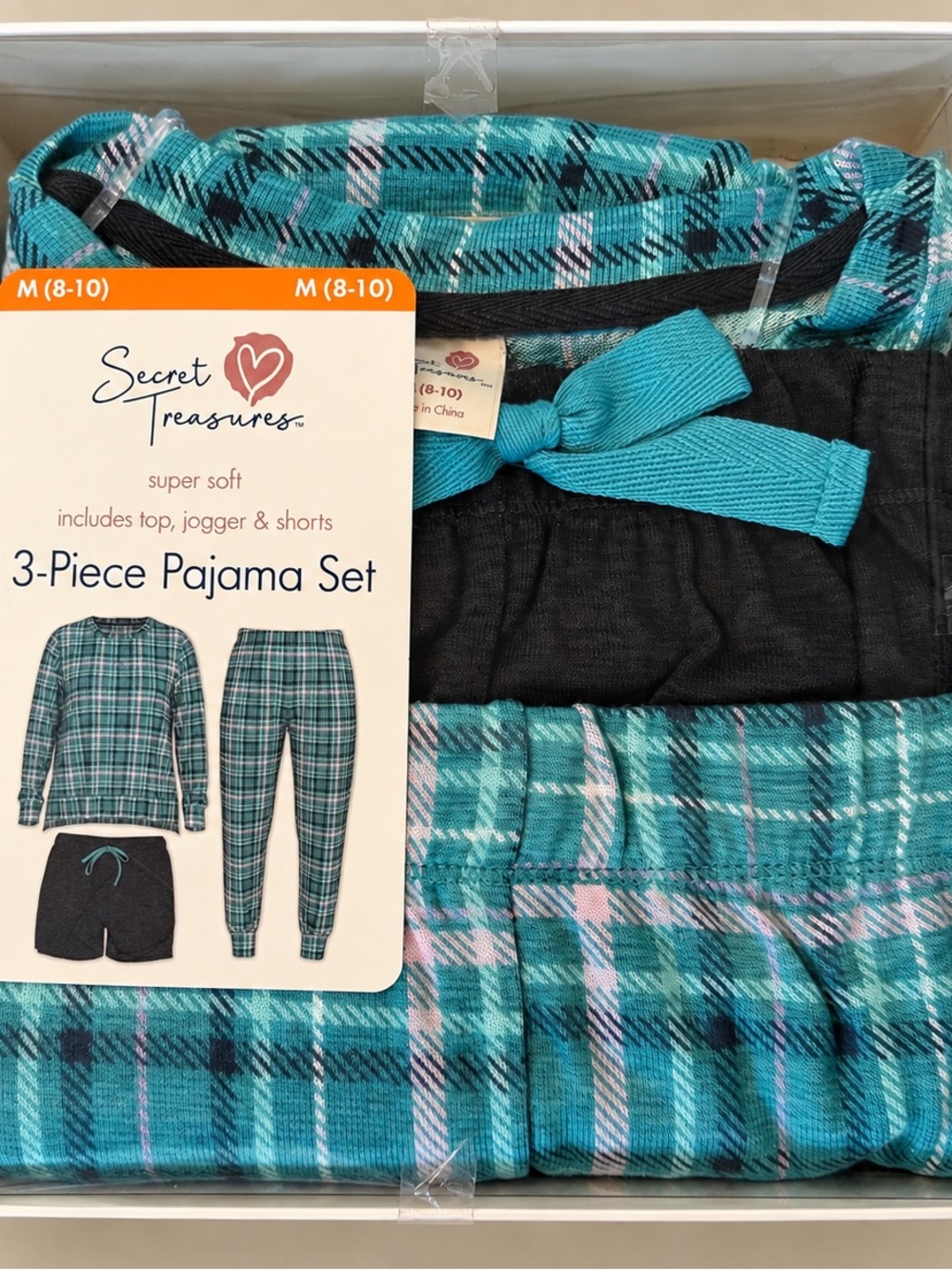 NWT Secret Treasures Turquoise Plaid 3-Piece Pajama Set